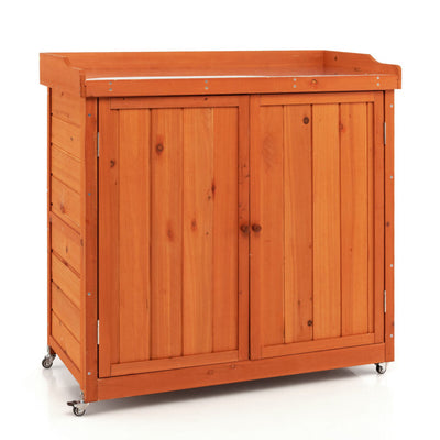 Outdoor Wooden Storage Cabinet Garden Shed Workstation with 4 Universal Wheels and Removable Shelf