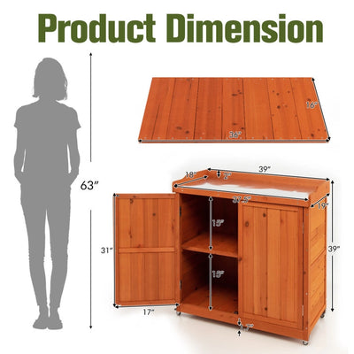 Outdoor Wooden Storage Cabinet Garden Shed Workstation with 4 Universal Wheels and Removable Shelf