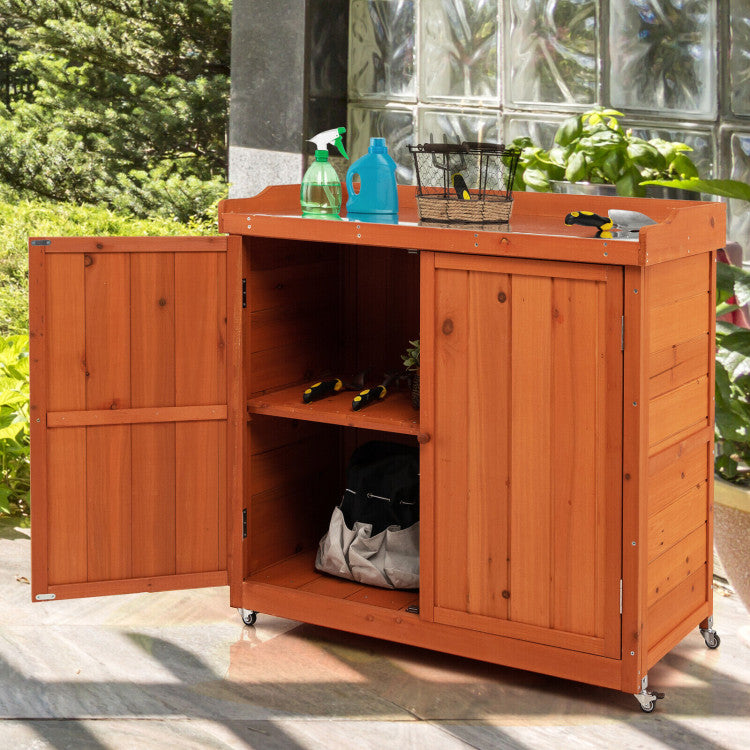Outdoor Wooden Storage Cabinet Garden Shed Workstation with 4 Universal Wheels and Removable Shelf