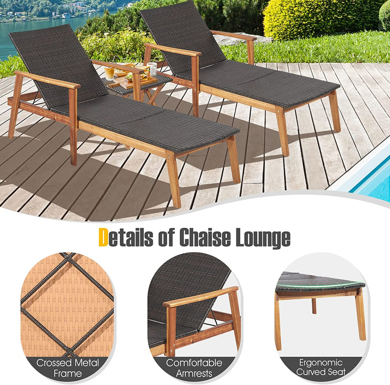 Patio Chaise Lounge Chair Outdoor Rattan Recliner with Folding Side Table and Adjustable Backrest for Backyard