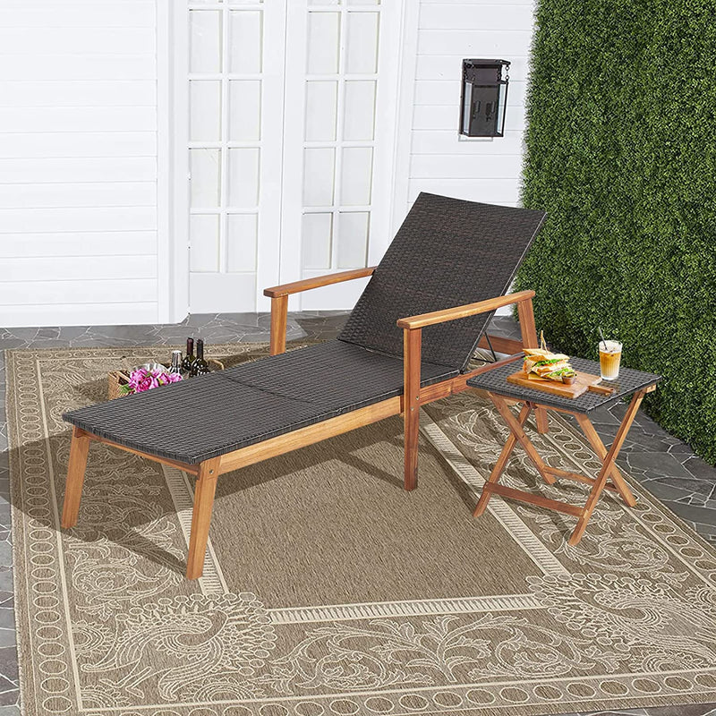 Patio Chaise Lounge Chair Outdoor Rattan Recliner with Folding Side Table and Adjustable Backrest for Backyard