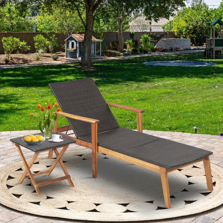 Patio Chaise Lounge Chair Outdoor Rattan Recliner with Folding Side Table and Adjustable Backrest for Backyard