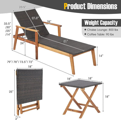 Patio Chaise Lounge Chair Outdoor Rattan Recliner with Folding Side Table and Adjustable Backrest for Backyard