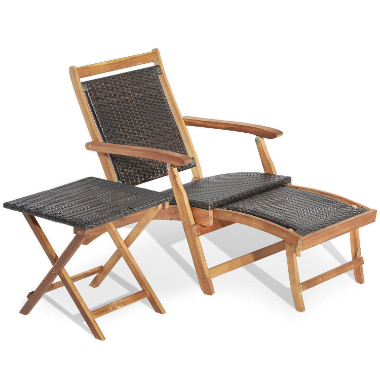 Patio Rattan Folding Chaise Lounge Chair and Side Table Set with Retractable Footrest for Garden Backyard