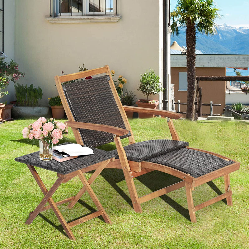 Patio Rattan Folding Chaise Lounge Chair and Side Table Set with Retractable Footrest for Garden Backyard