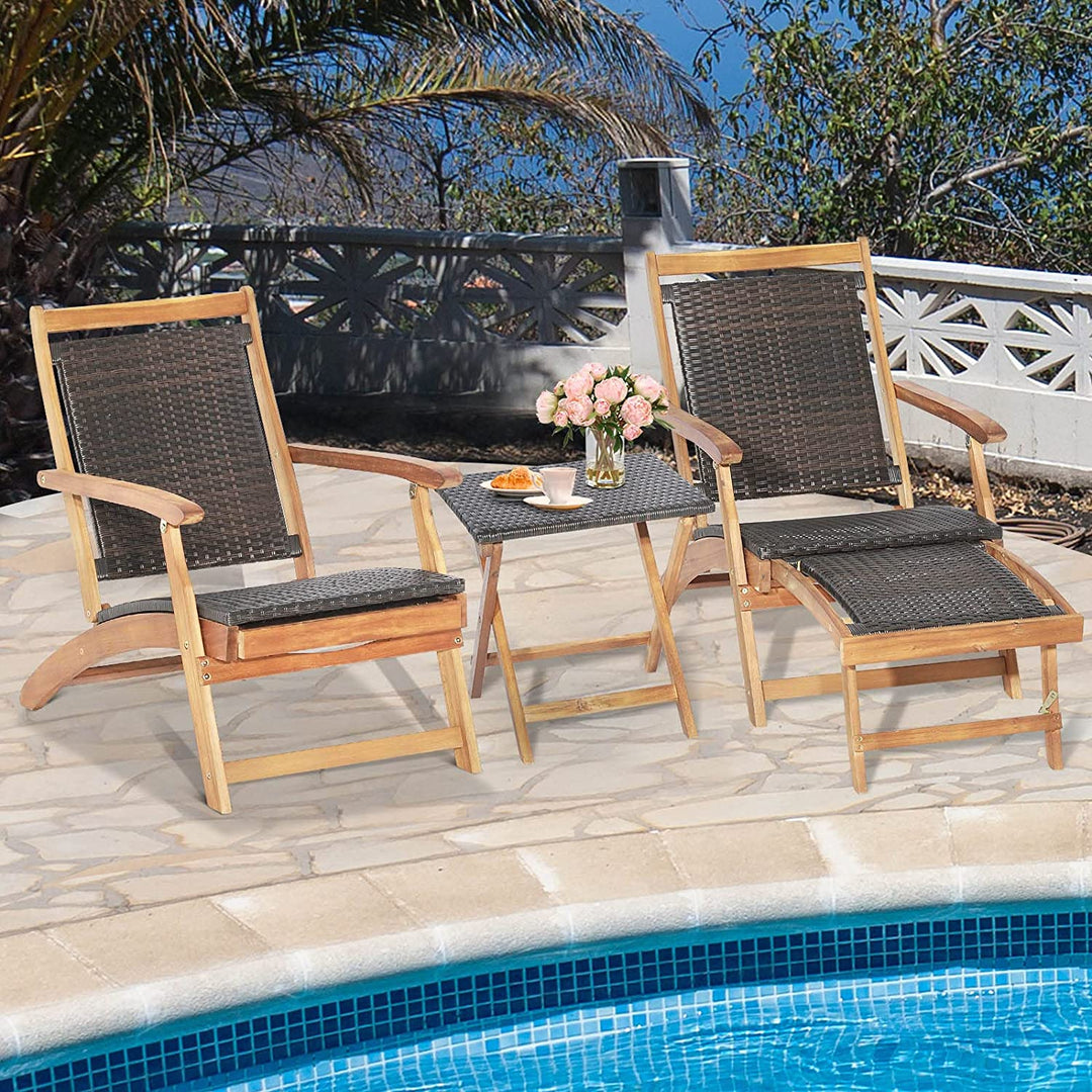 Patio Rattan Folding Chaise Lounge Chair and Side Table Set with Retractable Footrest for Garden Backyard