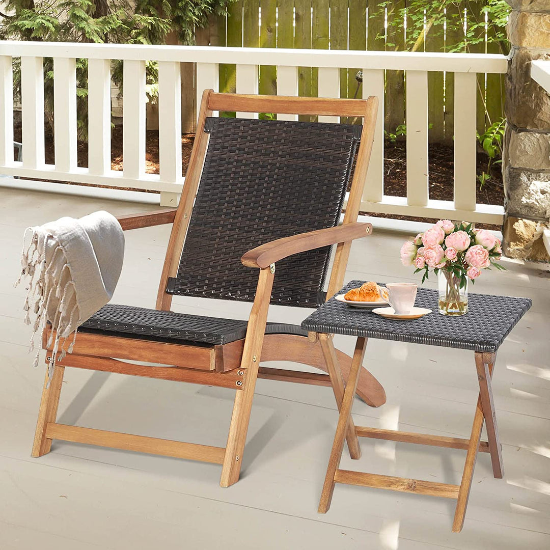 Patio Rattan Folding Chaise Lounge Chair and Side Table Set with Retractable Footrest for Garden Backyard