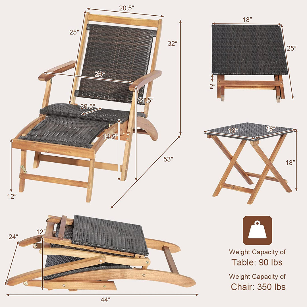 Patio Rattan Folding Chaise Lounge Chair and Side Table Set with Retractable Footrest for Garden Backyard