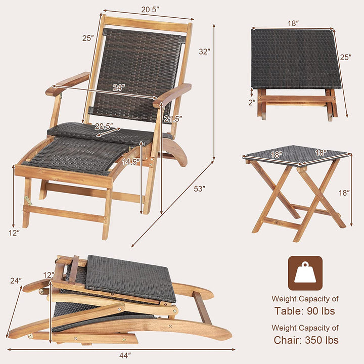 Patio Rattan Folding Chaise Lounge Chair and Side Table Set with Retractable Footrest for Garden Backyard