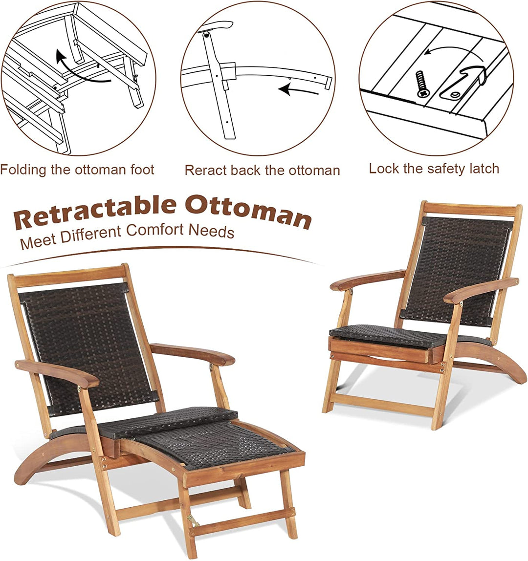 Patio Rattan Folding Chaise Lounge Chair and Side Table Set with Retractable Footrest for Garden Backyard