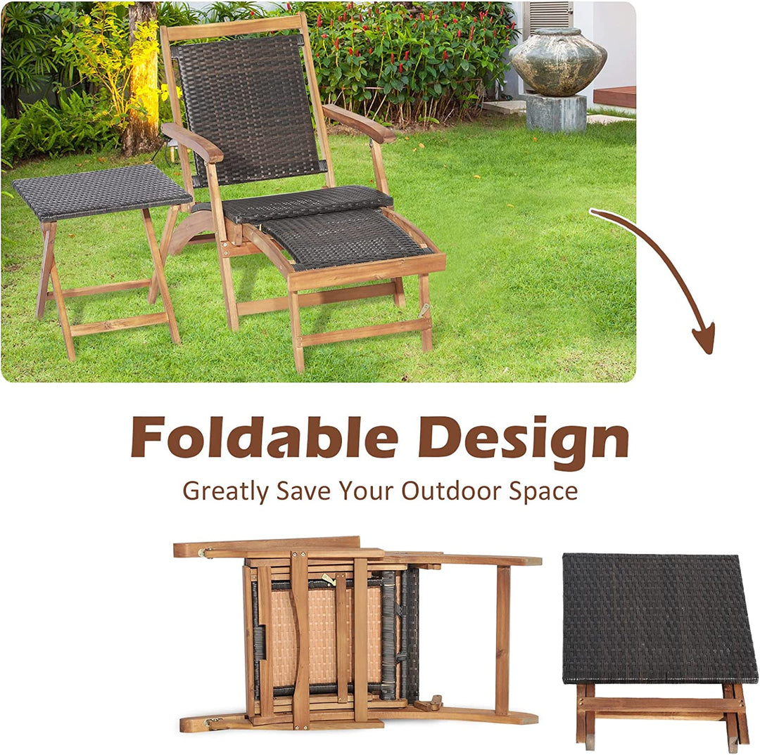 Patio Rattan Folding Chaise Lounge Chair and Side Table Set with Retractable Footrest for Garden Backyard