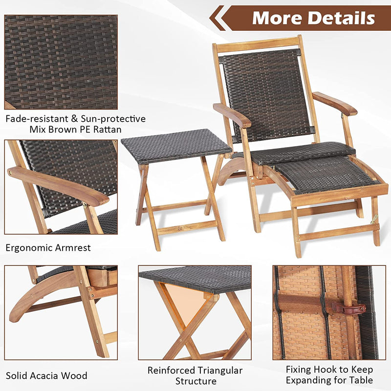 Patio Rattan Folding Chaise Lounge Chair and Side Table Set with Retractable Footrest for Garden Backyard