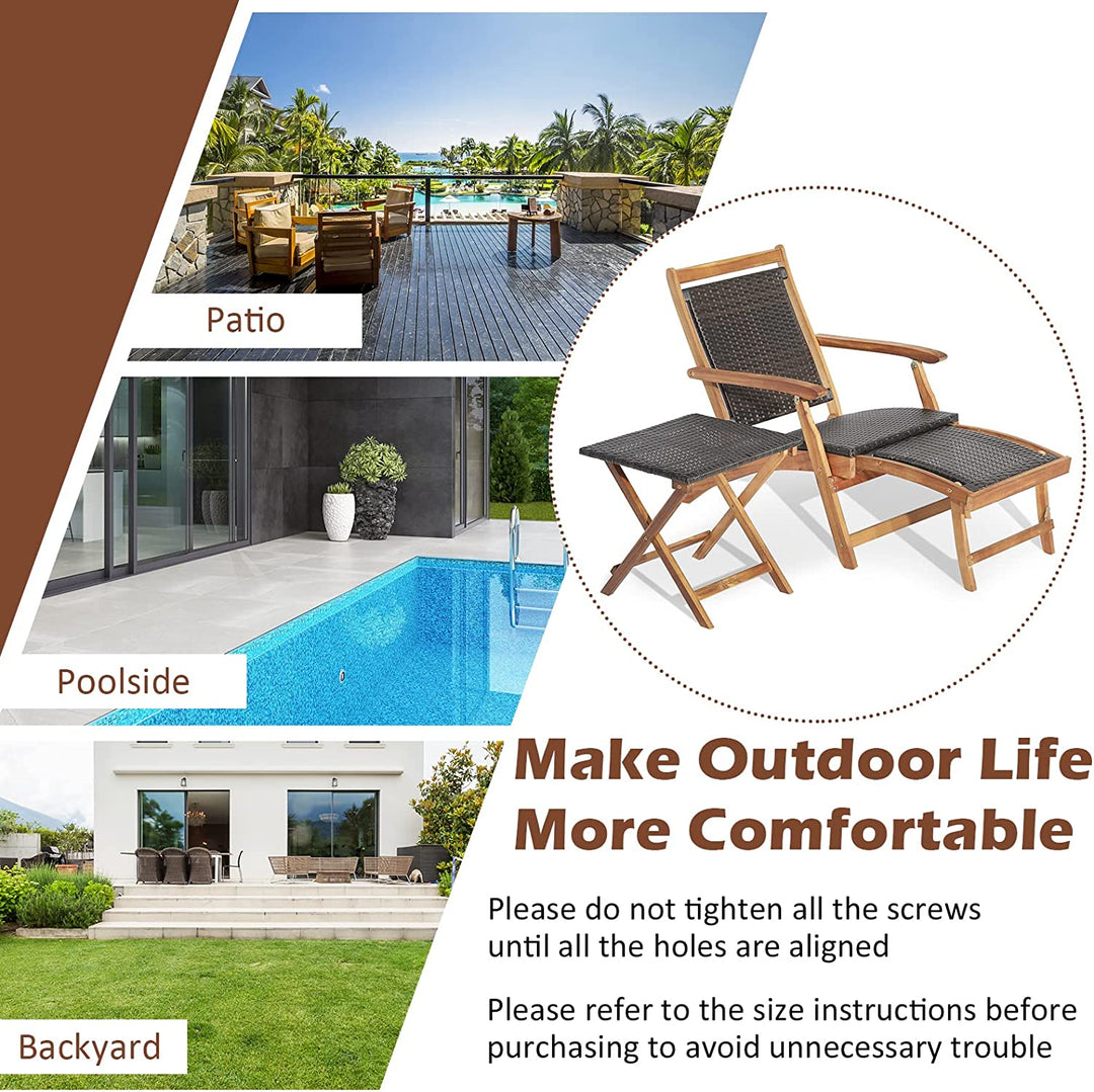 Patio Rattan Folding Chaise Lounge Chair and Side Table Set with Retractable Footrest for Garden Backyard