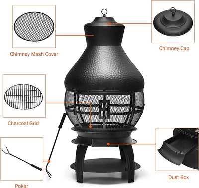 Patio Wood Burning Chiminea Heavy Duty Fireplace Chimenea Wooden Fire Pit with Fire Poker and Premium Rain Cap