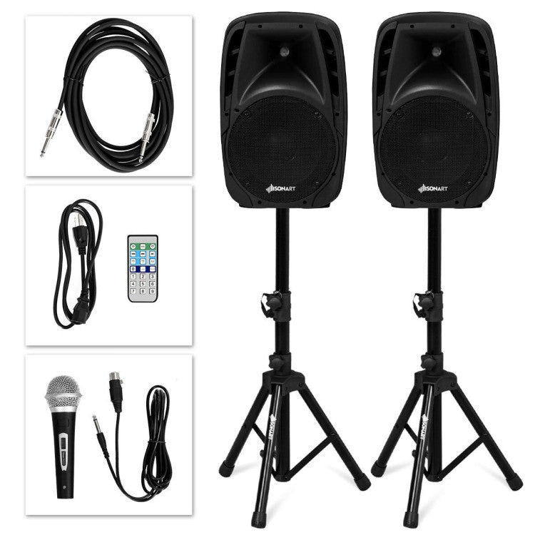 Portable 1600W Dual Powered PA Speaker System Combo Set Sonart All-in-one Speaker Set with Remote Control 2 Speaker Stands