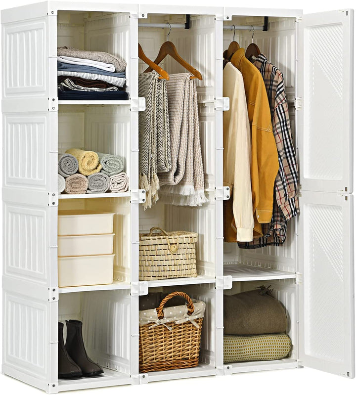 Portable Closet Wardrobe Foldable Clothes Organizer Bedroom Armoire with Cubby Storage and Hanging Rods