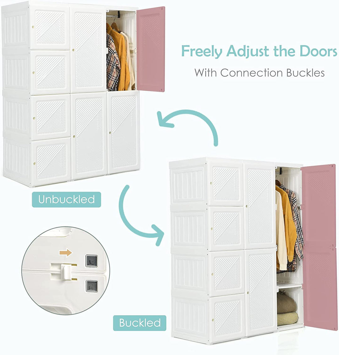 Portable Closet Wardrobe Foldable Clothes Organizer Bedroom Armoire with Cubby Storage and Hanging Rods