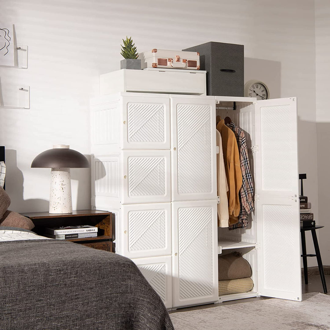 Portable Closet Wardrobe Foldable Clothes Organizer Bedroom Armoire with Cubby Storage and Hanging Rods
