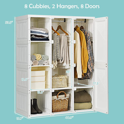 Portable Closet Wardrobe Foldable Clothes Organizer Bedroom Armoire with Cubby Storage and Hanging Rods