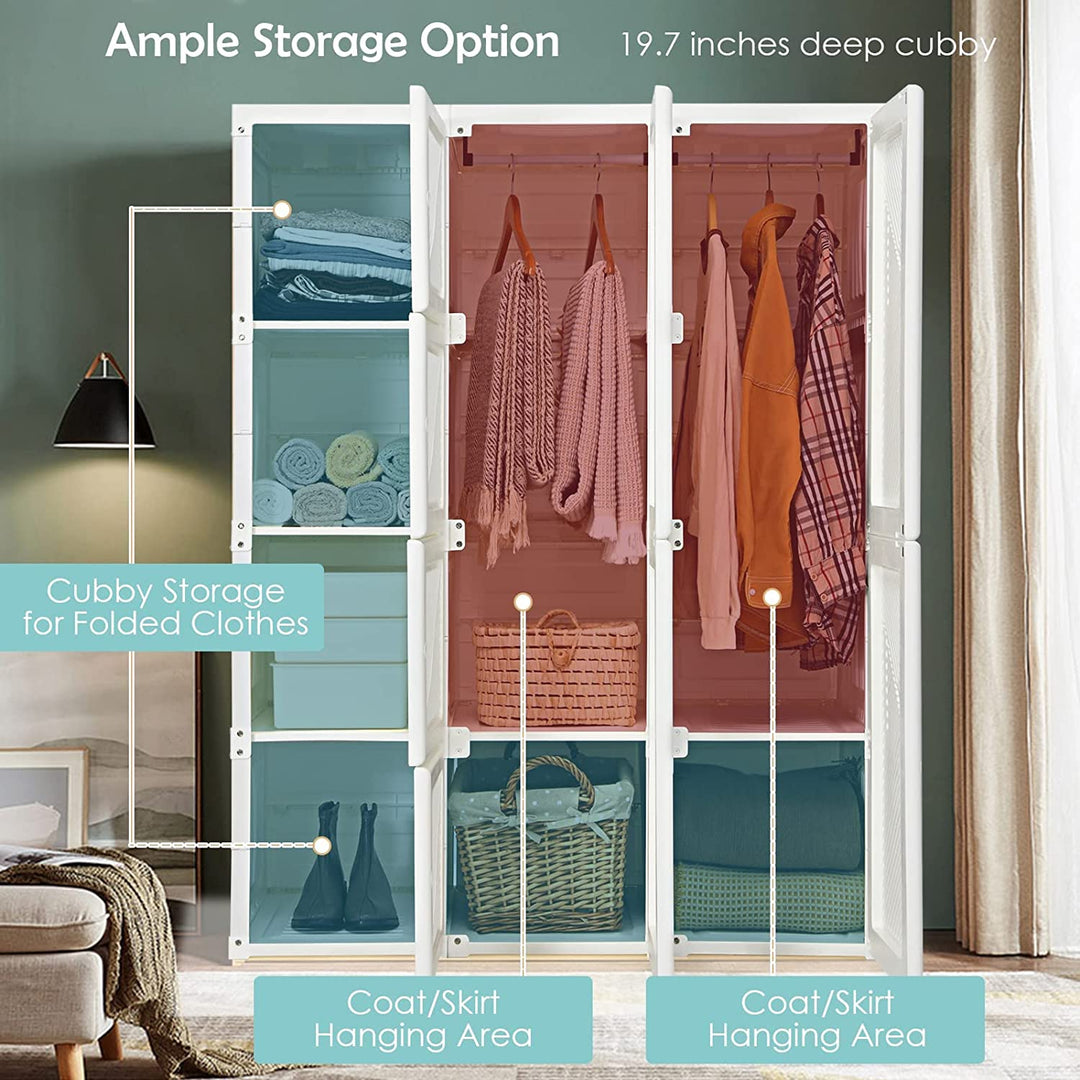 Portable Closet Wardrobe Foldable Clothes Organizer Bedroom Armoire with Cubby Storage and Hanging Rods