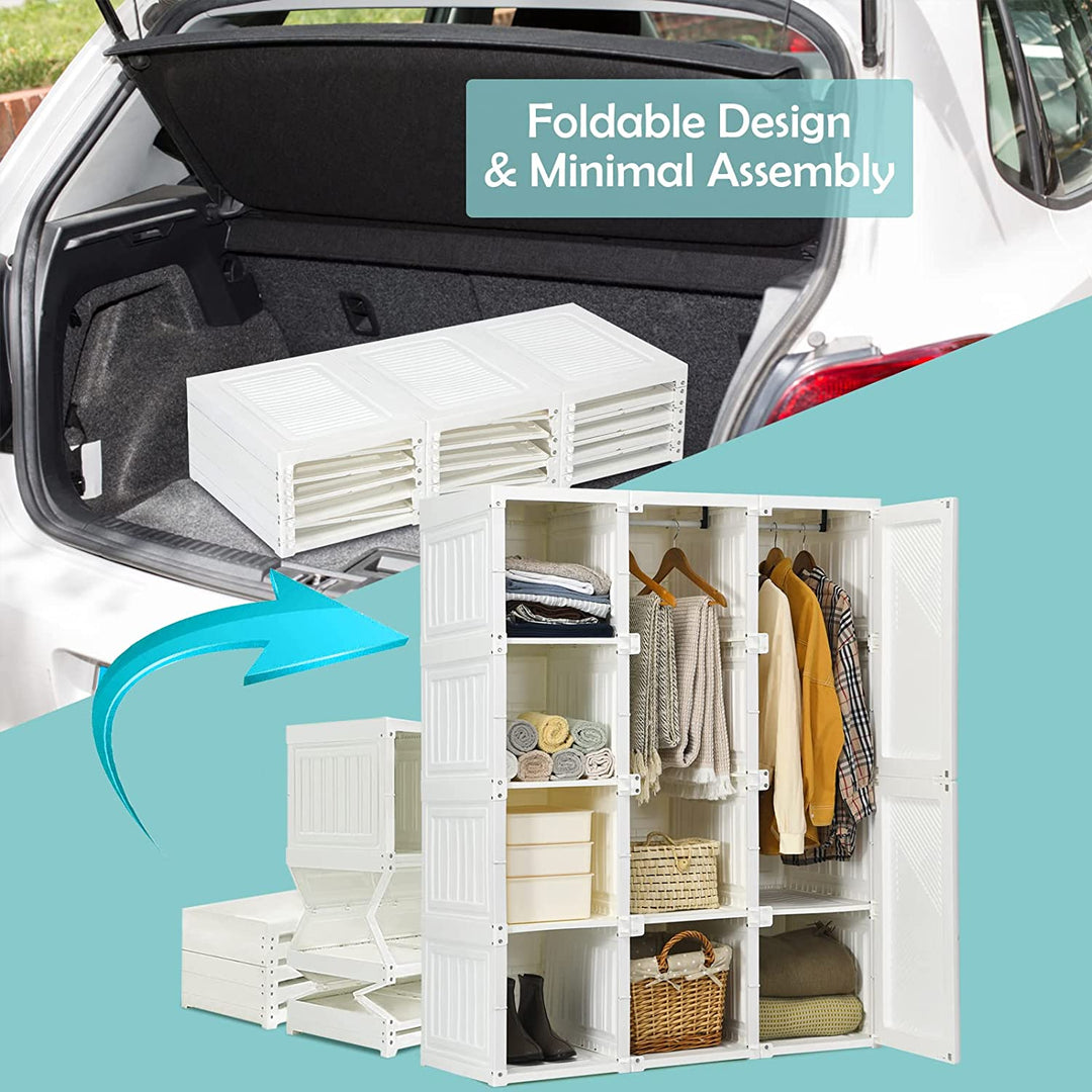 Portable Closet Wardrobe Foldable Clothes Organizer Bedroom Armoire with Cubby Storage and Hanging Rods