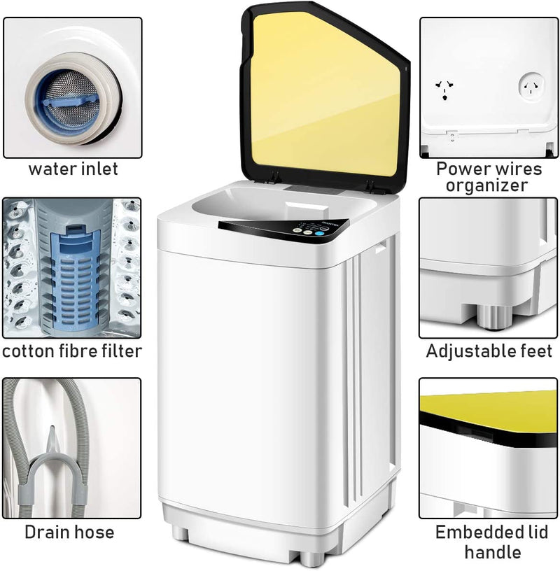 Portable Full-Automatic Washing Machine 7.7lbs Compact Laundry Washer Spin Combo with 6 Programs and Adjustable Feet
