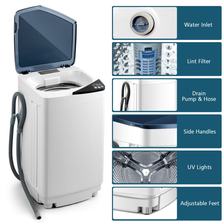 Portable Full-Automatic Washing Machine 7.7lbs Compact Laundry Washer Spin Combo with 6 Programs and Adjustable Feet