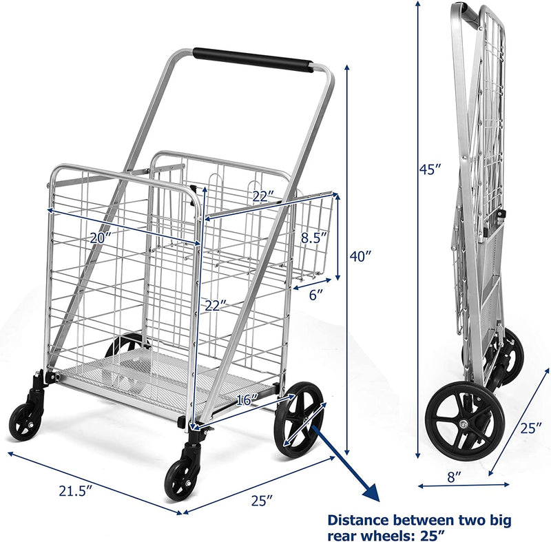 Portable Jumbo Double Basket Utility Grocery Cart Heavy Duty Folding Shopping Cart with 360° Rolling Swivel Wheels