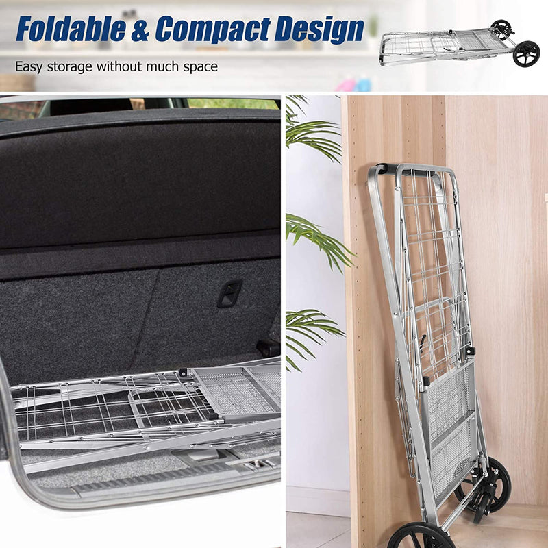 Portable Jumbo Double Basket Utility Grocery Cart Heavy Duty Folding Shopping Cart with 360° Rolling Swivel Wheels