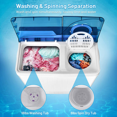Portable Semi-automatic Twin Tub Washing Machine 26lbs Compact Laundry Washer with Spin Dryer and Built-in Drain Pump for Dorm RV