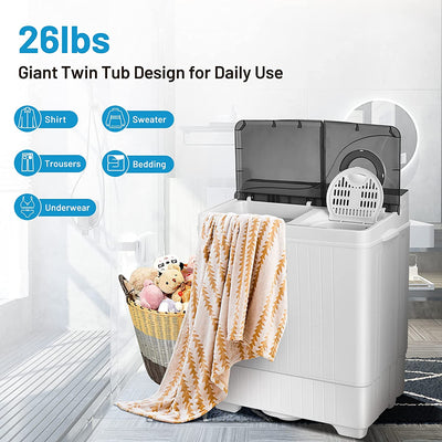 Portable Semi-automatic Twin Tub Washing Machine 26lbs Compact Laundry Washer with Spin Dryer and Built-in Drain Pump for Dorm RV