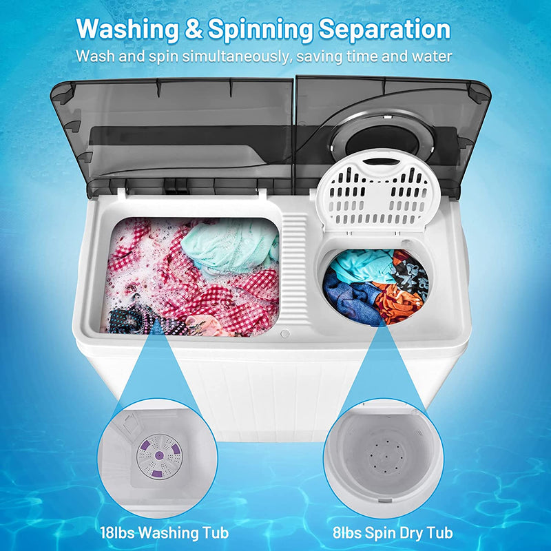 Portable Semi-automatic Twin Tub Washing Machine 26lbs Compact Laundry Washer with Spin Dryer and Built-in Drain Pump for Dorm RV