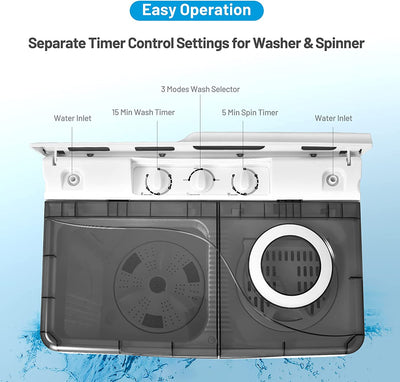 Portable Semi-automatic Twin Tub Washing Machine 26lbs Compact Laundry Washer with Spin Dryer and Built-in Drain Pump for Dorm RV