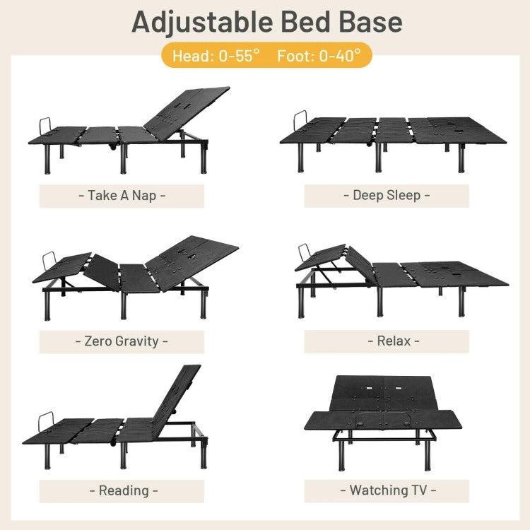 Queen Size Electric Adjustable Bed Base Zero Gravity Bed Frame with Remote and LED Light