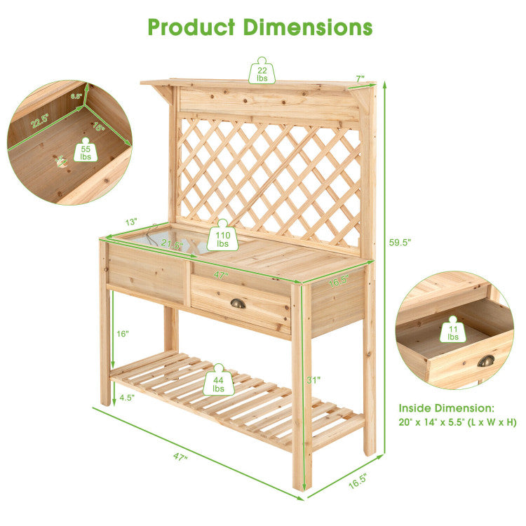 Raised Garden Bed Wood Planter Storage Shelf Elevated Plant Box with Trellis for Hanging Tools Climbing Flower Vegetable Herb