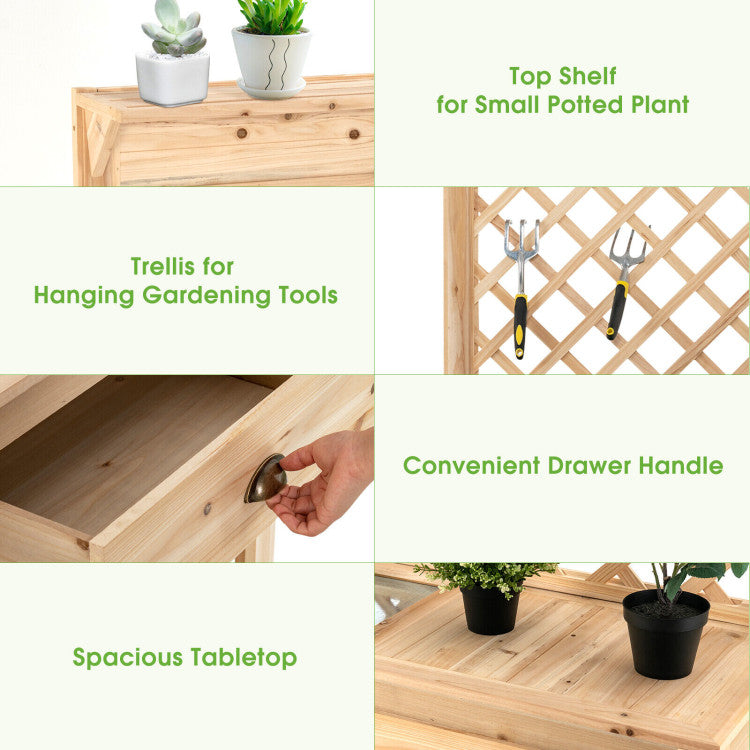 Raised Garden Bed Wood Planter Storage Shelf Elevated Plant Box with Trellis for Hanging Tools Climbing Flower Vegetable Herb