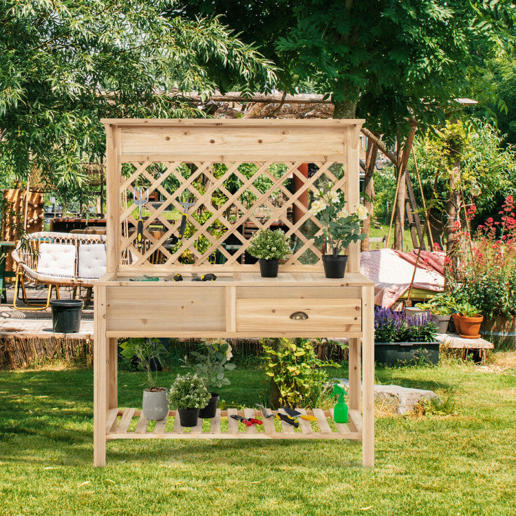 Raised Garden Bed Wood Planter Storage Shelf Elevated Plant Box with Trellis for Hanging Tools Climbing Flower Vegetable Herb