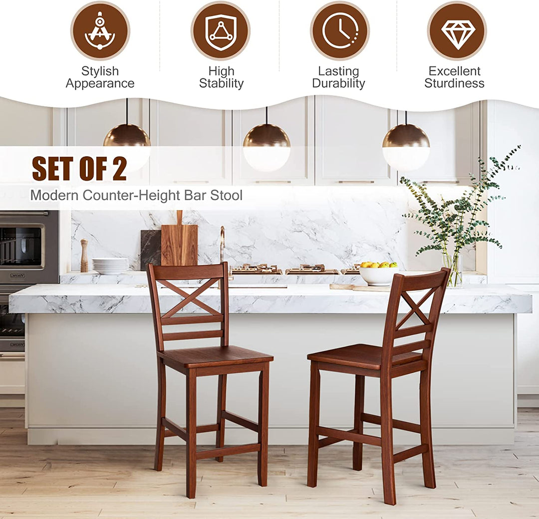Set of 2 Bar Stools 24 Inch Antique Kitchen Counter Height Chairs with Wooden X-Shaped Backrest and Rubber Wood Legs