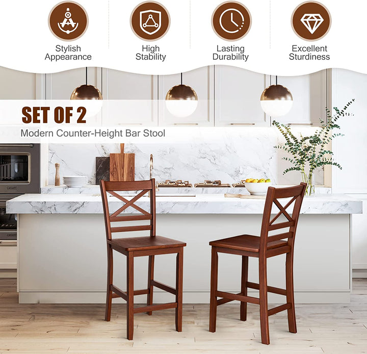 Set of 2 Bar Stools 24 Inch Antique Kitchen Counter Height Chairs with Wooden X-Shaped Backrest and Rubber Wood Legs