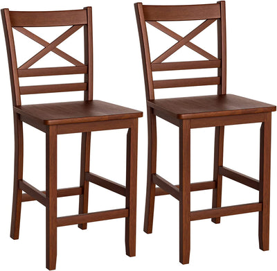 Set of 2 Bar Stools 24 Inch Antique Kitchen Counter Height Chairs with Wooden X-Shaped Backrest and Rubber Wood Legs