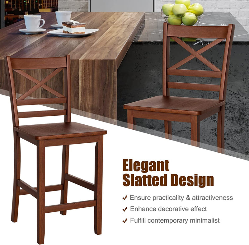 Set of 2 Bar Stools 24 Inch Antique Kitchen Counter Height Chairs with Wooden X-Shaped Backrest and Rubber Wood Legs