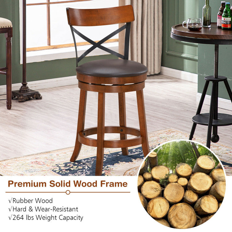 Set of 2 Bar Stools 360-Degree Swivel Solid Wood Dining Chairs with Soft Cushion and Ergonomic Backrest