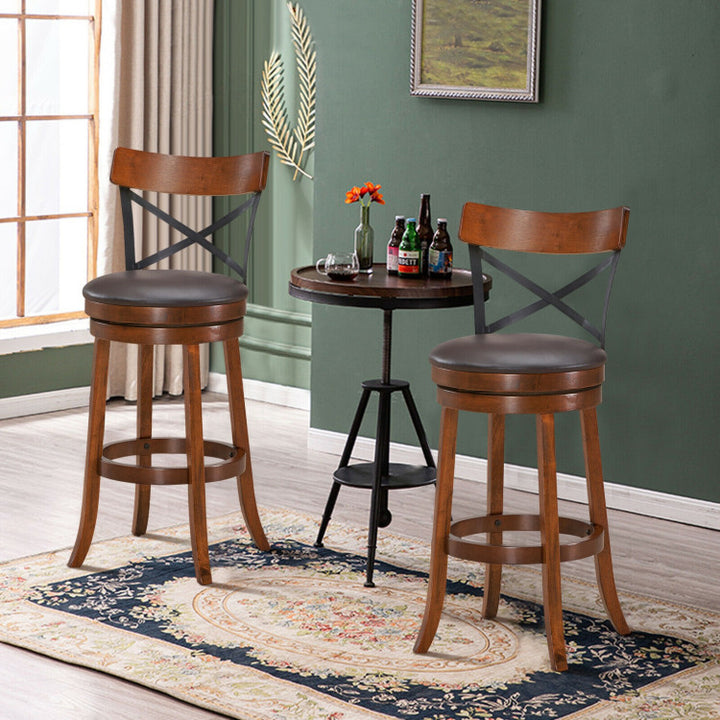 Set of 2 Bar Stools 360-Degree Swivel Solid Wood Dining Chairs with Soft Cushion and Ergonomic Backrest