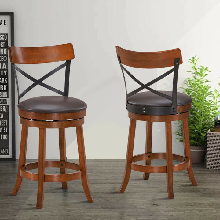 Set of 2 Bar Stools 360-Degree Swivel Solid Wood Dining Chairs with Soft Cushion and Ergonomic Backrest