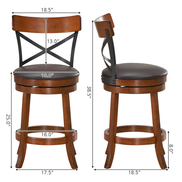 Set of 2 Bar Stools 360-Degree Swivel Solid Wood Dining Chairs with Soft Cushion and Ergonomic Backrest