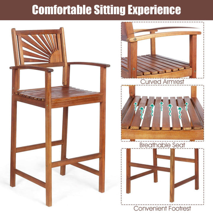 Set of 2 Patio Bar Stools Outdoor Acacia Wood Bar Chairs with Sunflower Backrest and Curved Armrests for Balcony Sunroom