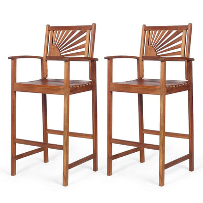 Set of 2 Patio Bar Stools Outdoor Acacia Wood Bar Chairs with Sunflower Backrest and Curved Armrests for Balcony Sunroom