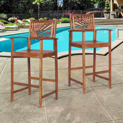 Set of 2 Patio Bar Stools Outdoor Acacia Wood Bar Chairs with Sunflower Backrest and Curved Armrests for Balcony Sunroom