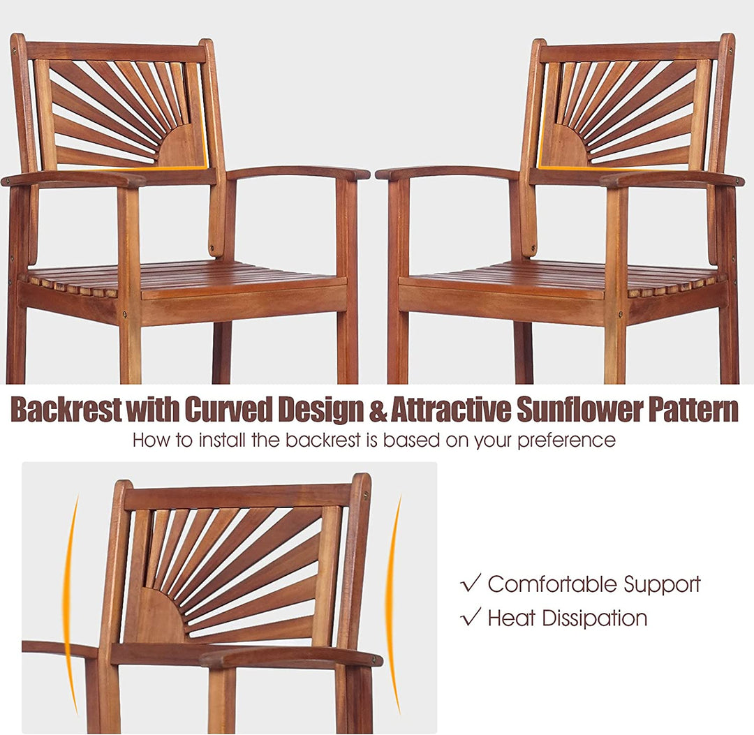 Set of 2 Patio Bar Stools Outdoor Acacia Wood Bar Chairs with Sunflower Backrest and Curved Armrests for Balcony Sunroom