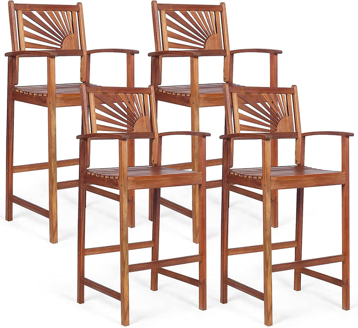 Set of 2 Patio Bar Stools Outdoor Acacia Wood Bar Chairs with Sunflower Backrest and Curved Armrests for Balcony Sunroom